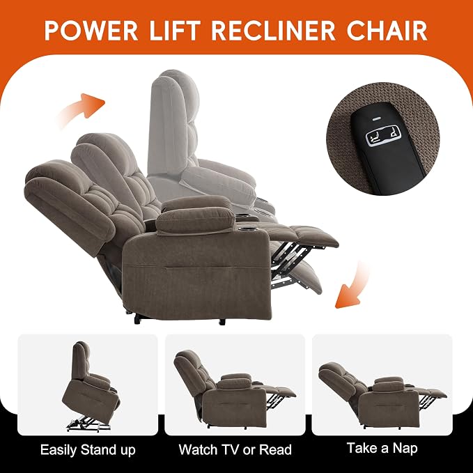 Ketaiyou Electric Power Lift Recliner Chair Sofa with Massage and Heat for Elderly, USB and Type-C Ports, Cup Holders, Infinite Position (Brown1, Regular)