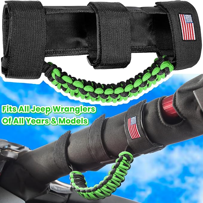 4 x Roll Bar Grab Handles Grip Handle for Jeep Wrangler JK JKU JL JLU TJ YJ Sport Sahara Freedom Rubicon Unlimited Gladiator JT 1955-2023 UTV ATV Premium Paracord Interior Accessories US Flag (Green)