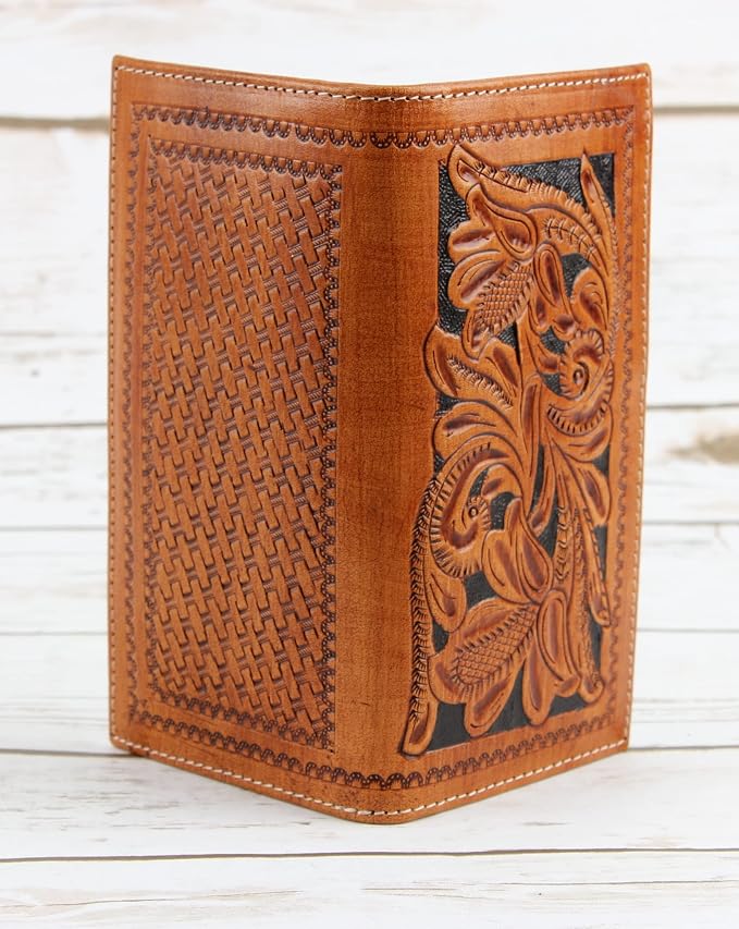 American Bison Arrigo Floral Design RFID Rodeo Wallet for Men – Hand-Tooled Cowhide Leather Wallet with Gift Box (Light Brown)