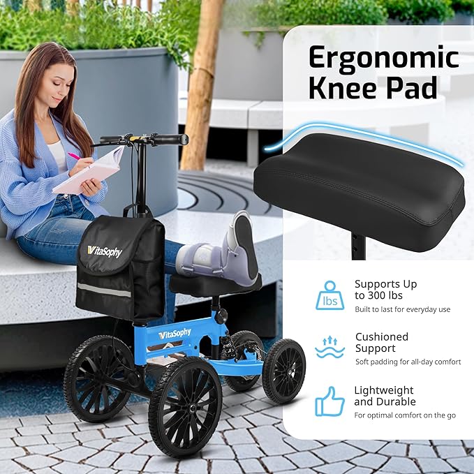 All Terrain Knee Scooter with Disc Brake System, Steerable Knee Walker for Adults for Foot Surgery, Broken Ankle - Rover Scooter for Broken Foot Injured Leg Crutch (Blue)