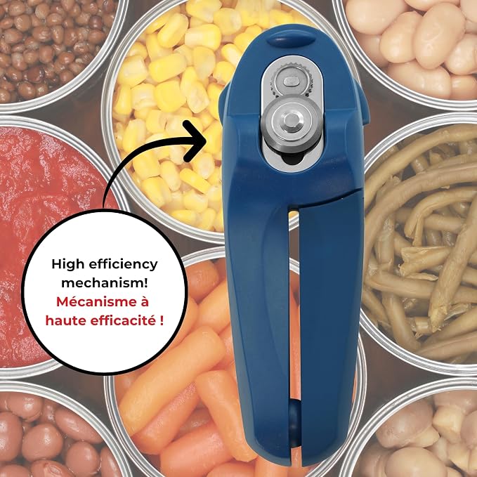 Starfrit MightiCan Can Opener, Safe Smooth-Cut, Comfort Grip, Blue | Safe can opener. Holds lid after cutting. No sharp edges. Comfort grip. Non-slip knob. 3-year warranty.