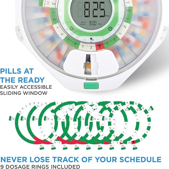 LiveFine 28-Day Automatic Pill Dispenser, 9 Dosage Rings, Frosted Lid | Battery-powered and travel-ready with a lockable key cover - trusted by seniors and arthritis sufferers.