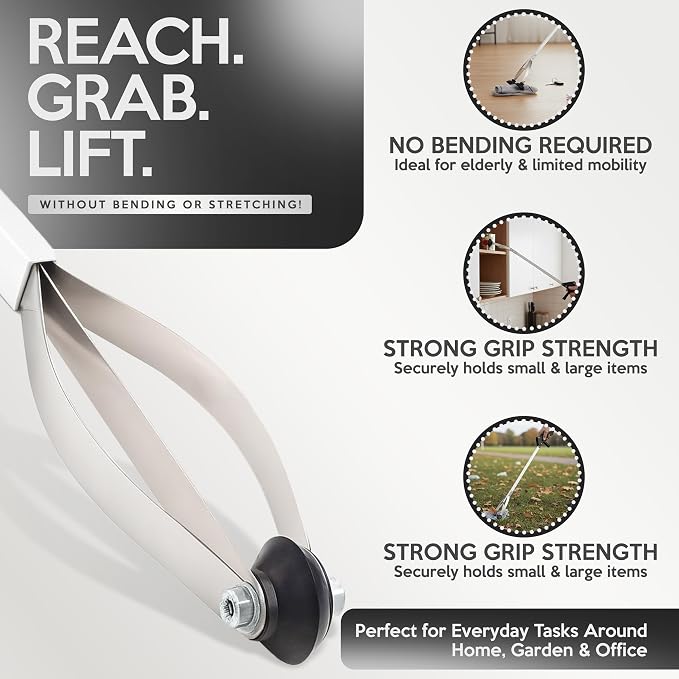 Suction Cup Grabber Reacher 32"" - Elderly Grab It Reaching Pickup Tool Heavy Duty for Seniors - Trash, Sticks, Litter Picker Upper - Extra Long Reach Handle & Handy Extension Arm Claw (2), Grey