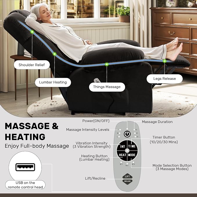 Power Lift Recliner Chair for Elderly, Big and Tall Lift Chair with Massage and Heat for Living Room, Fabric Electric Recliner Chairs with 4 Side Pockets, USB Charge Port,Black