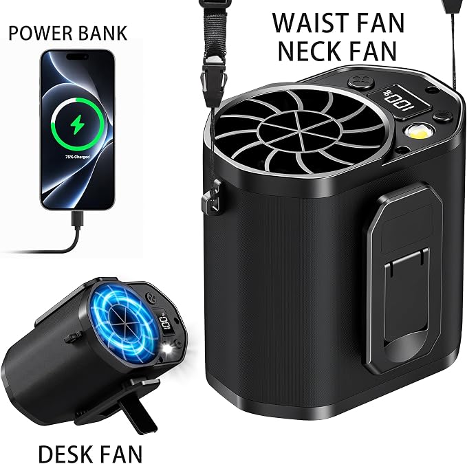 Waist Fan with Clip on: Portable 4-Speed Enlarged Fan-blades Personal Belt Fan with LED Light 6-11H of Working Time Hands-Free Neck Fan