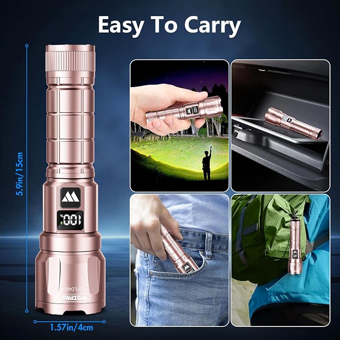 WdtPro LED Rechargeable Flashlight 2 Pack, 3 Modes Super Bright High Lumens Flashlights, Zoomable Tactical Flash Light with LCD Display, IP65 Waterproof Flashlights for Home Emergency Camping - Pink