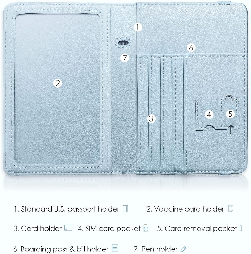 Mymazn Blue Passport Holder Women Passort Travel Wallet Vaccine Card Organizer Passport Case with Vaccination Card Holder with RFID Blocking Clear Pocket for Picture (blue)