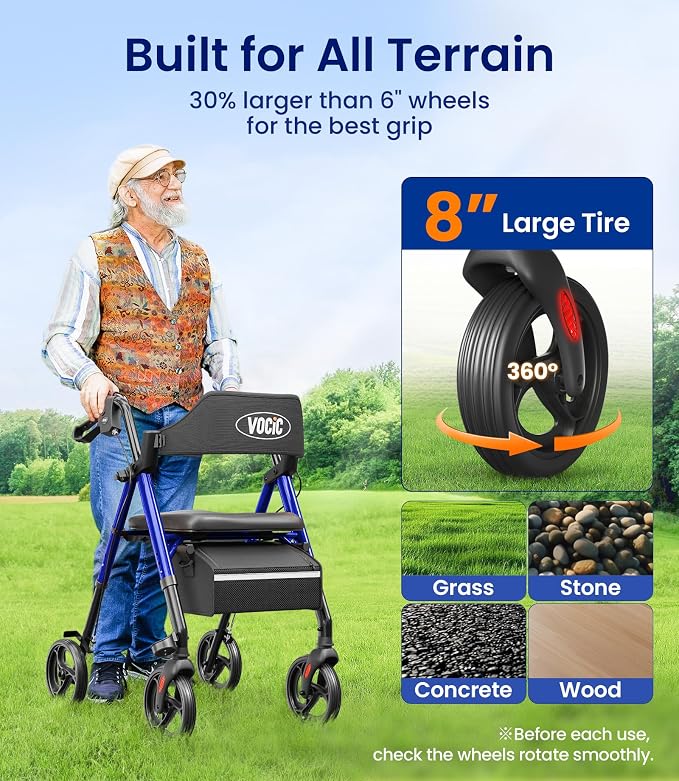 VOCIC Z21 Rollator Walker for Seniors with Seat, 8" All Terrain, 350 LBS | Lightweight Foldable & Dual Height Adjustable for Seniors, Ergonomic Arc Seat&6" Ultra Backrest Provide Comfort, Blue