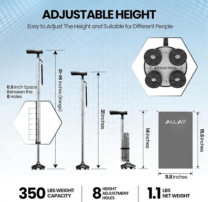Allay Walking Canes for Men & Women - Adjustable Canes for Women for Stability, Self Standing Wide Quad Pivot Base, Light Weight, Soft Handle Grip and Travel Bag, Walking Sticks for Seniors