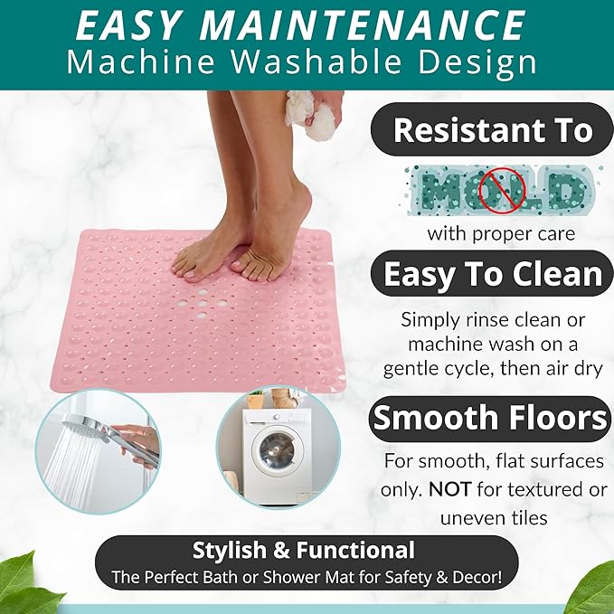 ENKOSI Square Shower Mat – 21 x 21 Inch Non-Slip Mat with Suction Cups and Drain Holes – Anti-Slip Square Bathroom Bathtub Shower Mats for Inside Shower (21x21 Baby Pink)