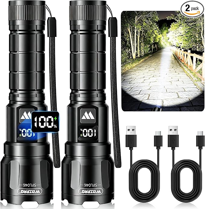 WdtPro Rechargeable Flashlights 2 Pack, Super Bright LED High Lumens Tactical Flash Light with LCD Battery Display, Zoomable 3 Modes, Powerful Handheld Flashlights for Home Emergencies Camping Outdoor