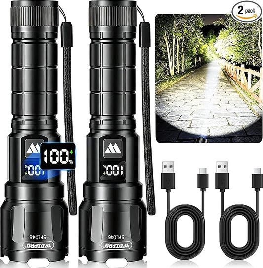 WdtPro Rechargeable Flashlights 2 Pack, Super Bright LED High Lumens Tactical Flash Light with LCD Battery Display, Zoomable 3 Modes, Powerful Handheld Flashlights for Home Emergencies Camping Outdoor