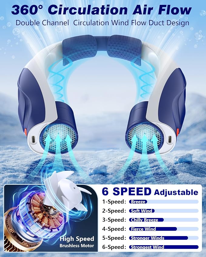 Portable Neck Fan - 6000mAh Rechargeable Personal Fan with 6 Speeds, 360° Cooling Surround Airflow, 20H Long Battery Life Hands-Free Wearable Fan for Outdoor Travel, Office, and Sports