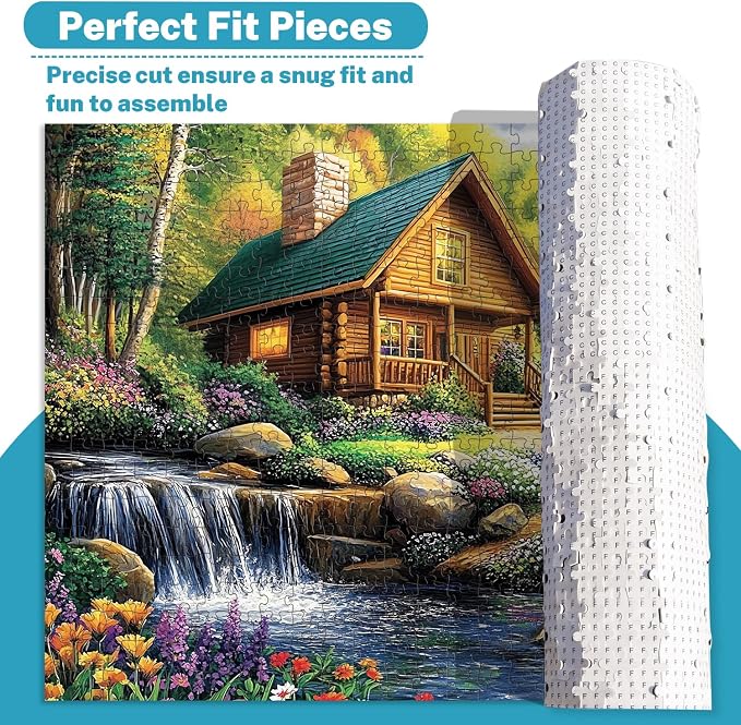 500 Piece Puzzle for Adults – Cozy Cabin Jigsaw Puzzles 500 Pieces, Forest Cottage Landscape with Waterfall & Flowers, Relaxing Adult Puzzles, 20.5 x 15 in