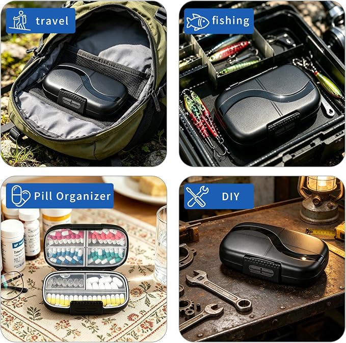 Large Pill Organizer for Purse 7 Day Vitamin Box Travel Case for Fish Oil | Black Pill Container with Label,Double Lock,Water-proof Medicine Holder,Portable for Daily Supplements & Small Accessories