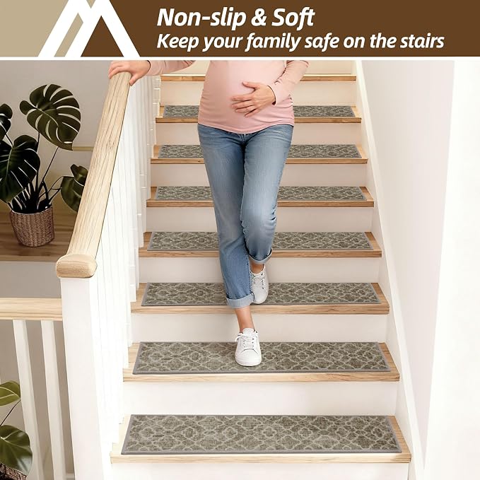 COSY HOMEER Stair Treads for Wooden Steps Indoor with TPE Backing,15Pcs | Non-Slip Carpet Stair Treads, Soft Peel and Stick Stair Runners,Pet-Friendly Stair Runner Washable Reusable,Fern Brown