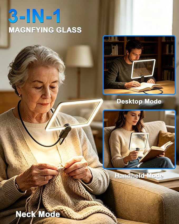 Neck Magnifying Glass with Light Hands Free,Full Book Page Magnifiers Glass | 10X Large Lighted Magnifying Glass with 3 Modes, Flexible Gooseneck Magnifier for Close Reading Sewing Senior with Aging Eyes