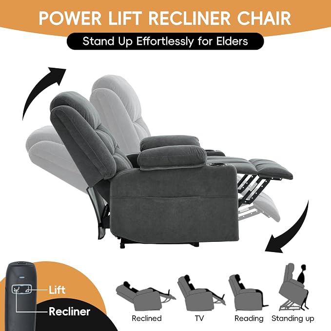 Power Lift Recliner Chair for Elderly Adults with Massage and Heat, Fabric Electric Recliner Sofa with Side Pocket, Two Cup Holders for Living Room L9912 (Dark Grey)