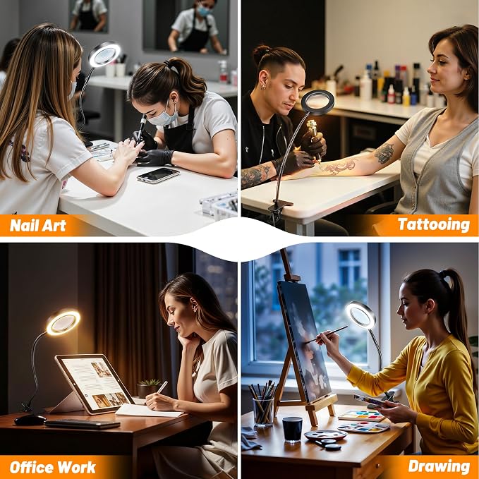 Akynite 10X Magnifying Glass with Light for Crafts, 3 Color+9 Brightness | Hands Free, Flexible Gooseneck, USB, No Adapter, Dimmable, 58 LED, 2 in 1 Magnifier Desk Lamp for Reading DIY Repair