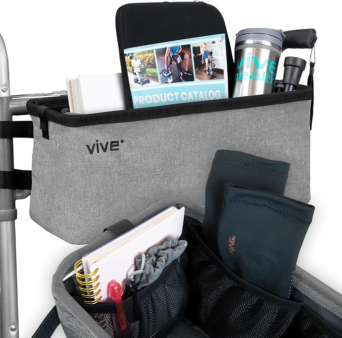 Vive Walker Basket Accessories Bag - Tray for Folding Walker with Water Cup | Holder & Pockets - Universal Large Capacity Storage Container for Seniors, Elderly - Storage Mobility Aid Pouch (Gray)