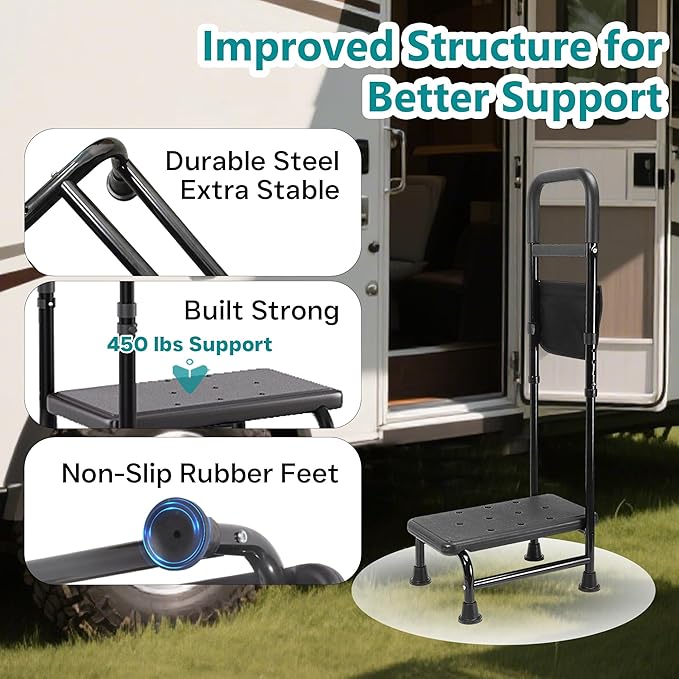 Step Stool with Handle – One Step Foot Stool for Adults, Non-Skid Bed Steps for High Beds, Adjustable Handrail with Night Light & Storage Bag, Safe Step Stool for Seniors & Elderly