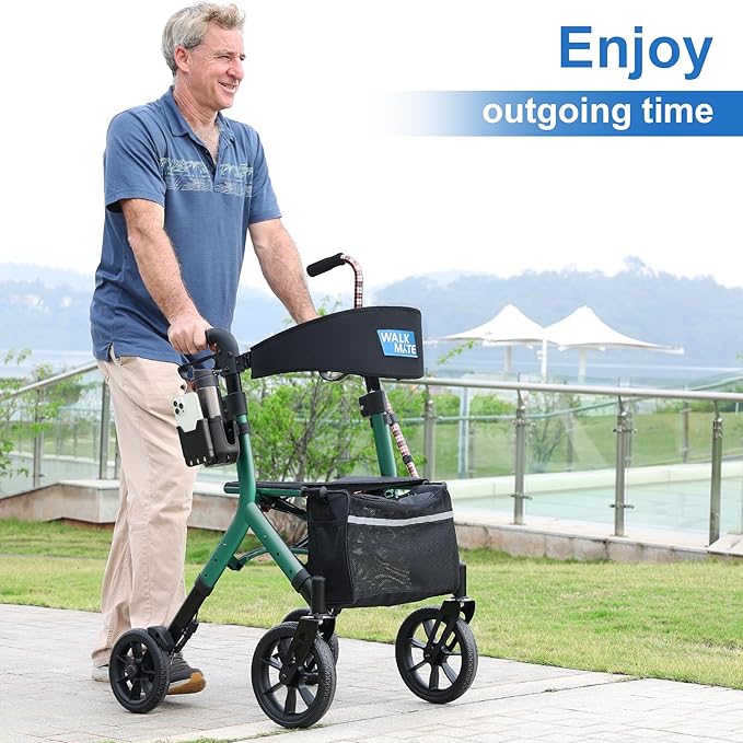 WALK MATE Rollator Walker for Seniors Taller 5.3~7ft with Height-Adjustable Seat, 10 Inch Wheels Wire-Hidden Walkers Compact Folding Design Lightweight Mobility Walking Aid Widen Backrest, Green