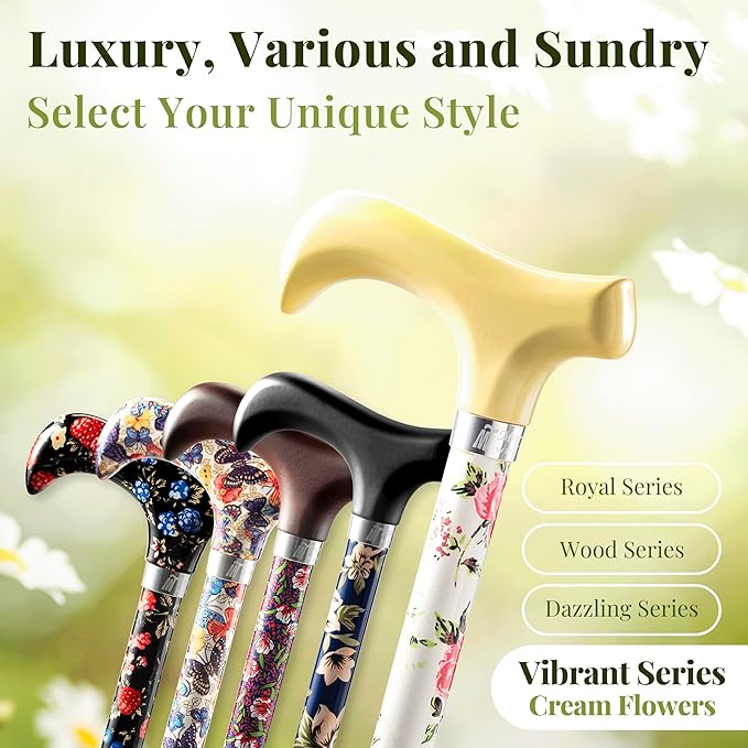 Merry Sticks Lightweight Foldable Walking Canes for Women and Men, Adjustable & Collapsible Walking Stick for Seniors, Balancing Mobility Aids, Ergonomic Handle & Wrist Strap - Cream Flowers