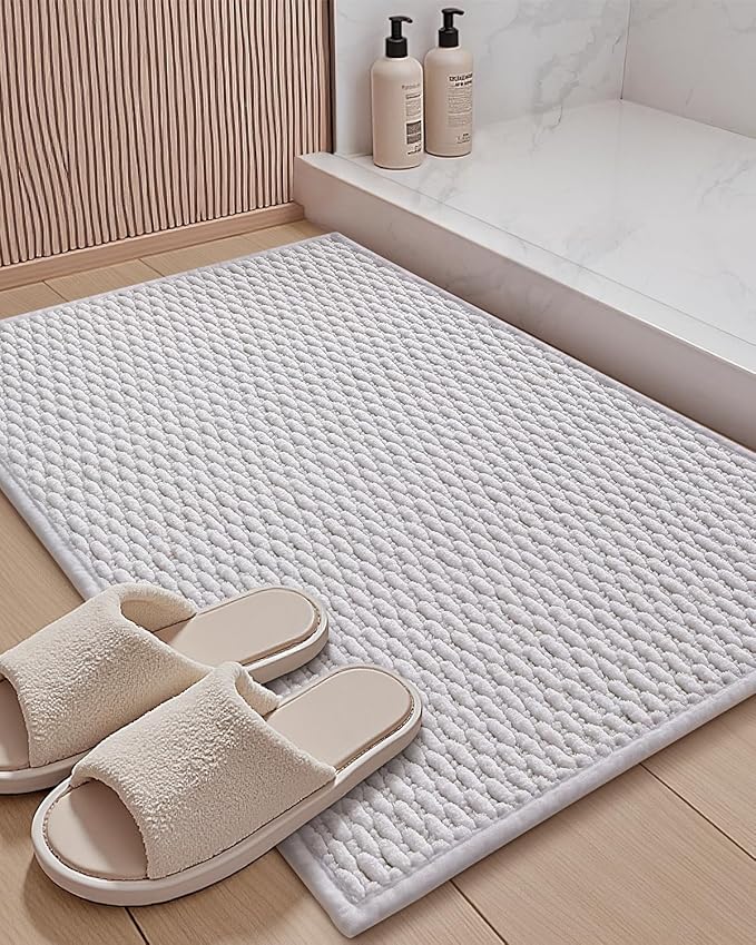 Color&Geometry Bathroom Rugs with Rubber Backing, Non Slip Machine Washable Bath Mat, Soft Absorbent Chenille Boho Carpet for Bathroom Floor, Tub and Shower,24"x36", White