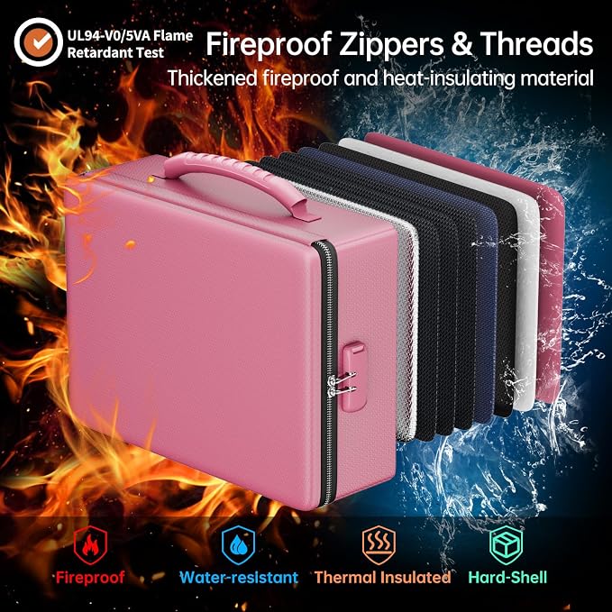 ENGPOW Fireproof Document Box, Hard Case File Box with Fireproof Zipper＆Lock, 6400°F Heat Insulated Fire and Water Resistant File Organizer Storage Safe for Important Documents Laptop Cash, Pink