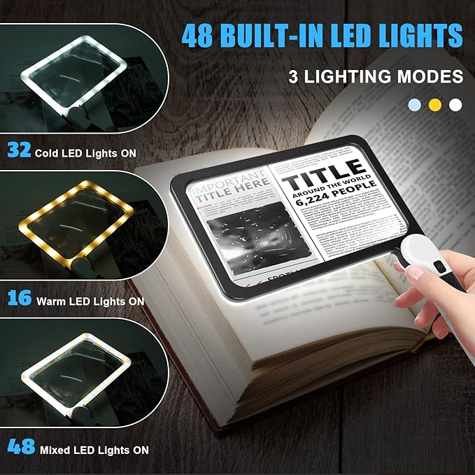 5X Handheld Magnifier for Page Reading - Large Folding Lighted Magnifier with 48 LED Lights (3Modes), Rectangular Handhold Magnify Lens Gifts for Reading Small Prints, Low Vision, Seniors