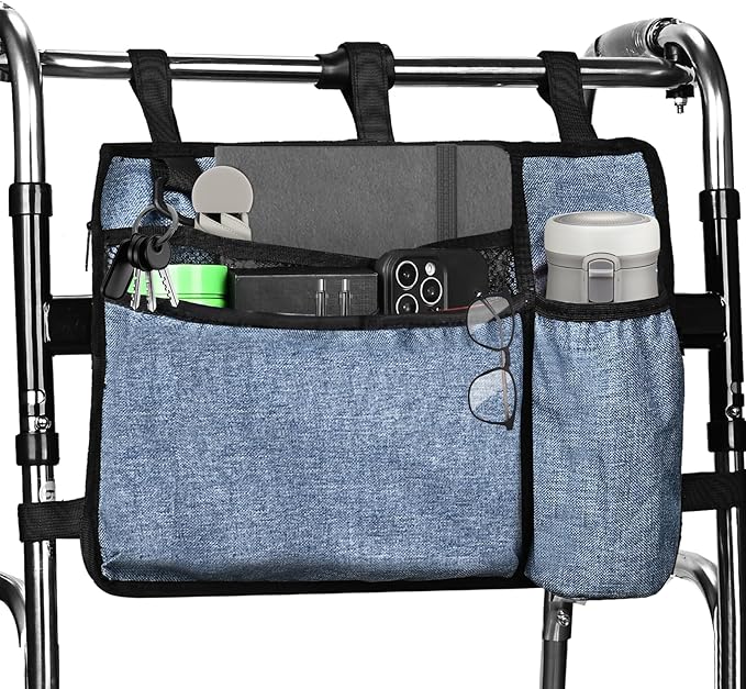 Dark Blue Walker Storage Bag with Cup Holder - Foldable Water Resistant Large Capacity Basket, Armrest Accessories for Folding Walkers Rollators Seniors Elderly Handicap