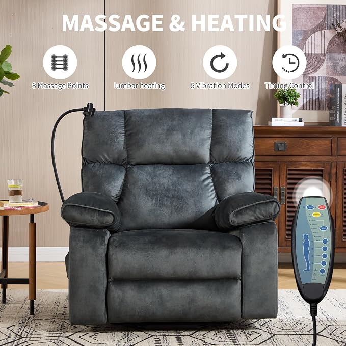 Power Lift Recliner for Elderly with Heat & Massage, Grey | Heat & Massage, Wide Electric Reclining Chair, Cup Holder, Phone Holder & Side Pockets