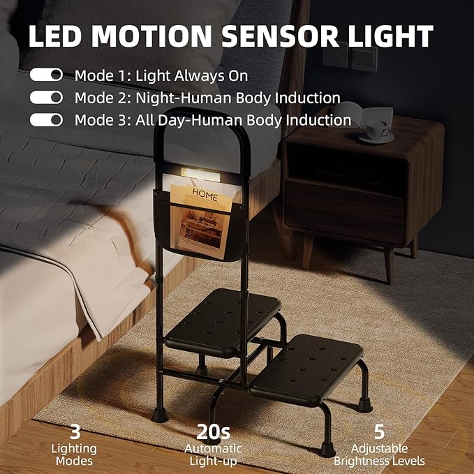 2 Step Stool with Handle for Elderly Heavy Duty Bed Steps for High Beds for Adults Two Step Stools for Seniors with Adjustable Handrail Non-Skid Platform LED Light Foot Stool for Kitchen Room (Black)