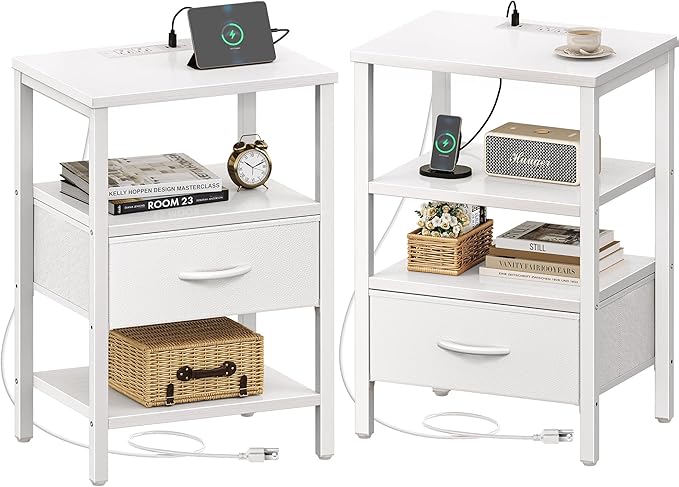 SUPERJARE Nightstand Set of 2 with Charging Station, USB-C Port, End Tables | Night Stand for Bedroom, with Adjustable Fabric Drawer, 3-Tier Storage Bedside Tables for Living Room, White