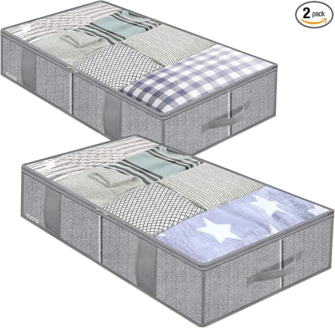 Onlyeasy Breathable Under Bed Storage Bags with 4 Reinforced Handles and Sturdy Side Wall, 2 Pack Eco-friendly Underbed Clothing Blankets Organizer with 2 Strong Zippers, Herringbone Grey, MXRUBBSS2P