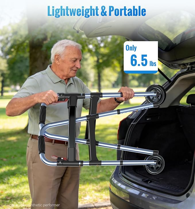 HOMLAND Standard Walkers for Seniors, 6.5lb Lightweight Foldable Walker | One-Hand Folding, 8 Height Adjustments, 350lb Capacity, Easy to Assemble, 2 Skis, 5" Wheels, Aluminum Frame, Ocean Blue