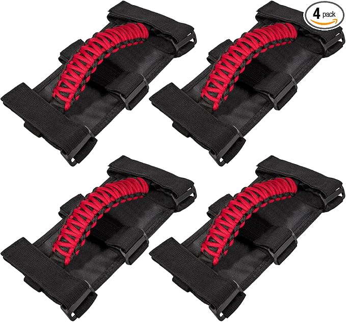 4 x Roll Bar Grab Handles Grip Handle for Jeep Wrangler JK JKU JL JLU TJ YJ Sports Sahara Freedom Rubicon Unlimited Gladiator JT 1955-2023 UTV ATV Premium 550 Paracord Interior Accessories (Red)