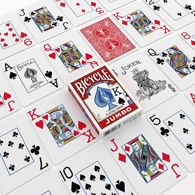 Bicycle Jumbo Index Playing Cards 2 Pack Large Print Poker Size | Easy-to-read numbers and suits, Air Cushion Finish, Made in USA, 6 red and 6 blue backs, For all card games
