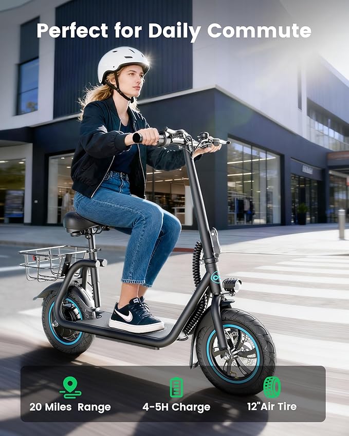 C1 Electric Scooter with Seat for Adults, 450W Powerful Motor, 20 Mile Long Range, 16 Mph Foldable Commuter E-Scooter with Basket for Daily Commute, Grocery,or Pet Travel–Professional Black