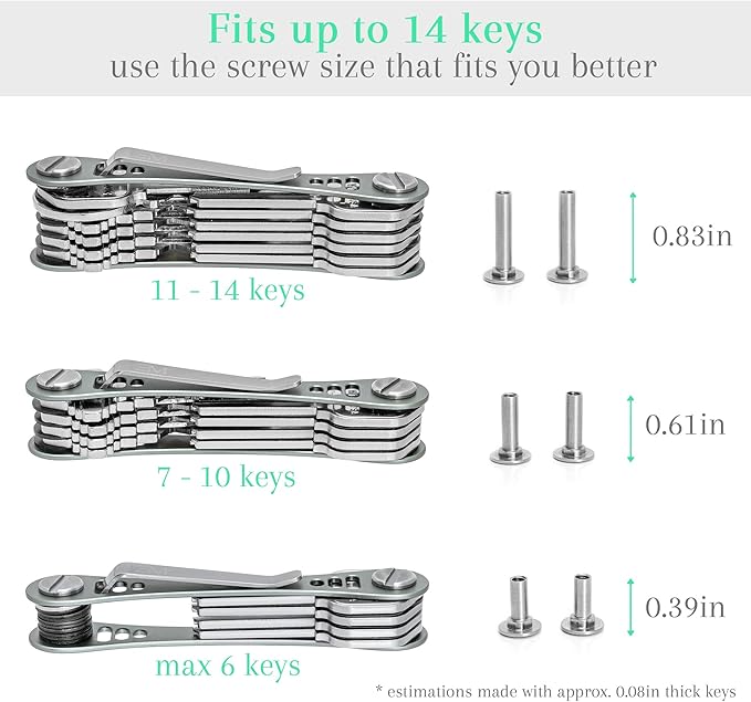 EM Compact Key Holder, Pocket Key Organizer, 14 Keys Key Bar | Fits 4.6 mm or larger keyholes only. Small hole keys like mailbox keys may not fit. Anti jingle, removable clip