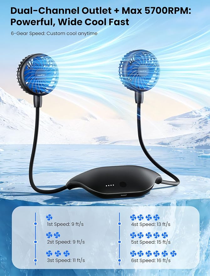 HandFan 10000mAh Neck Fan, 360° Rotation Hands Free Portable Fans for your Neck, 48h Lasting Rechargeable Battery Operated Wearable Necklace Personal Cool Fans for Travel/Disney/Sports/Cycling/Hiking