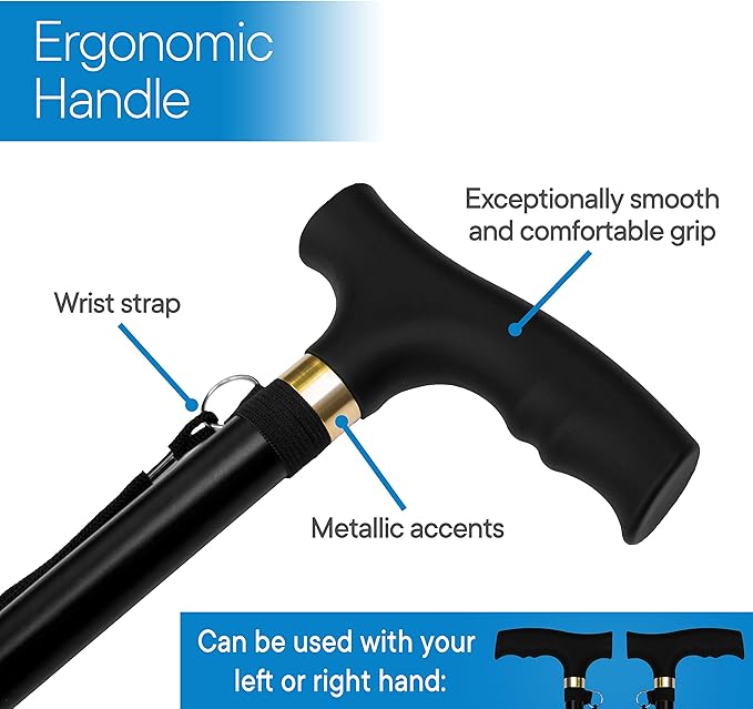 RMS Folding Cane - Foldable Walking Cane with Adjustable Height - Collapsible and Lightweight - Soft Ergonomic Handle for Comfortable Grip - Portable Walking Stick for Mobility Aid