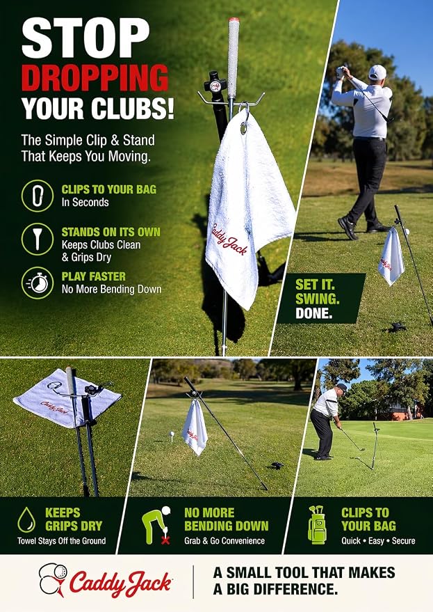 Golf Club Stand Silver/Grey Grip & Accessories | Designed to Minimize Bending on the Course | Multi-Club Holder, Ball Pick-Up Cap, Towel, Carabiner & Marker | Made in USA