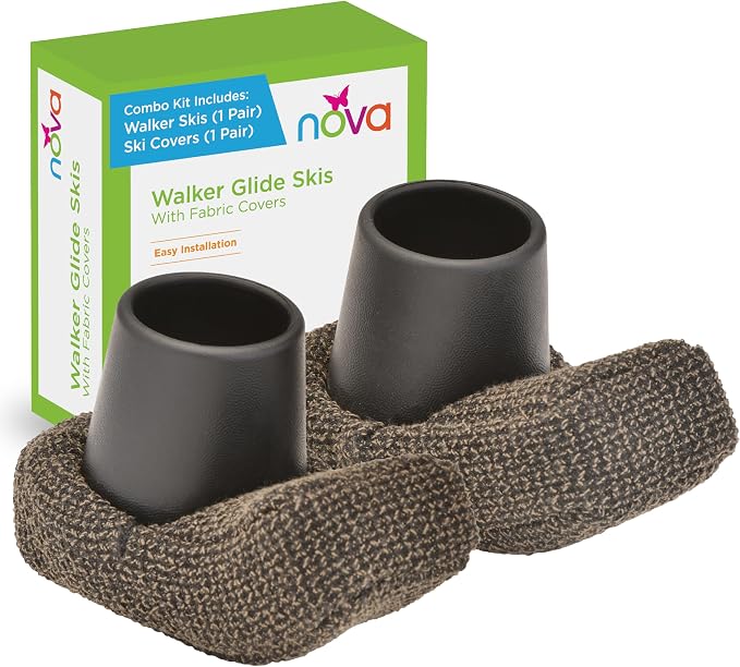 NOVA Walker Ski Glides with Fabric Covers, Universal for Folding Walkers, Easy-Glide Back Leg Sliders for Indoor & Outdoor Use, Hardwood Floor Safe, 4 PCS (1 Pair + Covers), Black