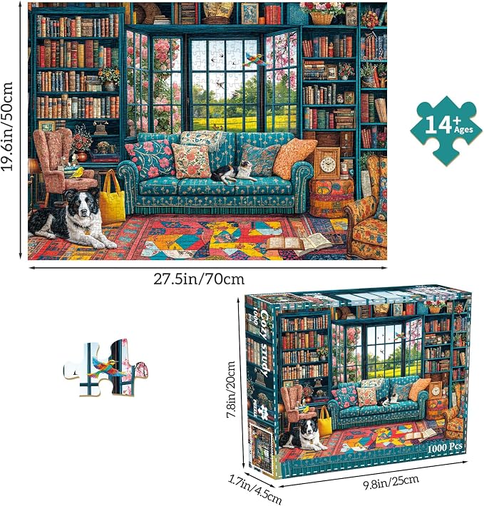 Puzzles for Adults 1000 Pieces,Cozy Study Jigsaw Puzzle with 1:1 HD Poster, Perfect Interlocking No Dust, Stress Relief Ideal Gift for Family Games