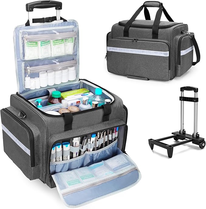 Damero Rolling Medical Bag with Detachable Trolley & Cover Fixed Strap | Medical Bag On Wheels with Inner Dividers, Bottom Support Board, Shoulder Strap for Home Health Nurses, Doctors, EMT, EMS