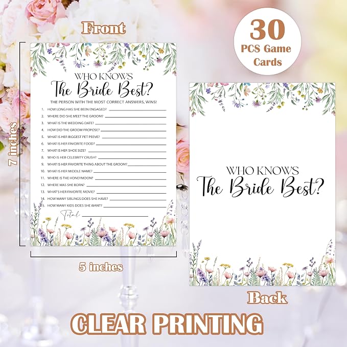 Wildflower Bridal Shower Games, Boho Flowers Who Knows The Bride Best Game for 30 Guests with Game Cards, Bridal Shower Decor, Wedding Decorations Supplies (29)