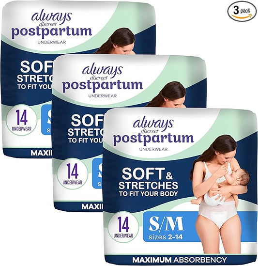 Always Discreet Postpartum and Adult Incontinence Underwear for Women, Small/Medium, Maximum Protection, 14 Count (Pack of 3)