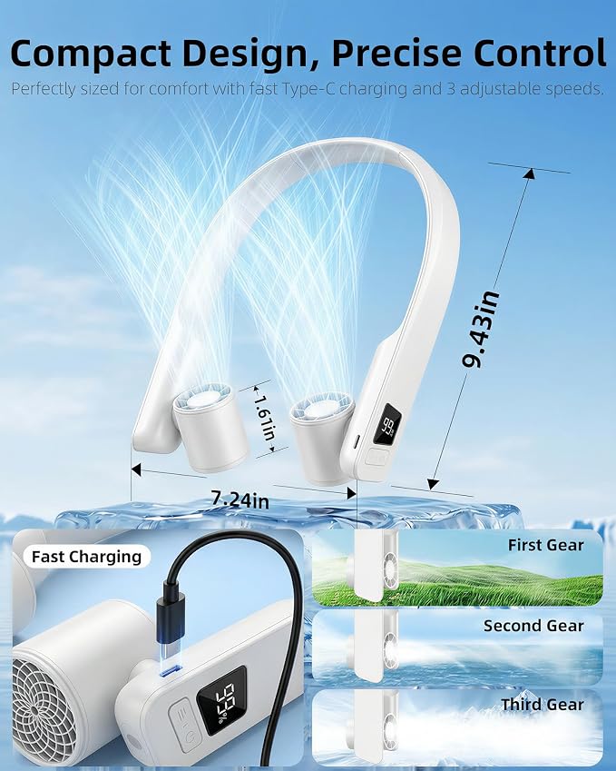 FrSara Portable Neck Fan that Blows Cold Air Rechargeable, Personal Battery Powered Cooling Device with USB TYPE-C, LED Display, Light, 3-Speed, 3000mAh, Ideal Present for Women, Men, Travel, White