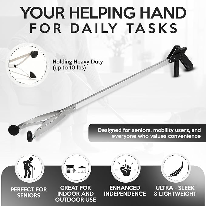 Suction Cup Grabber Reacher 32"" - Elderly Grab It Reaching Pickup Tool Heavy Duty for Seniors - Trash, Sticks, Litter Picker Upper - Extra Long Reach Handle & Handy Extension Arm Claw (2), Grey